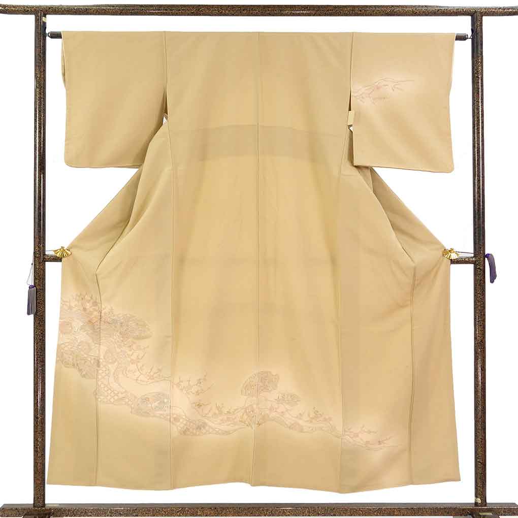 訪問着 リサイクル着物 身丈155cm 裄63cm 前幅24cm 後幅30cm 袖丈48cm 袖幅32.5cm レディース 袷 刺繍 裄Mサイズ 秋冬春用 正絹（シルク）ブラウン やや難 リメイク リユース【ランクB】
