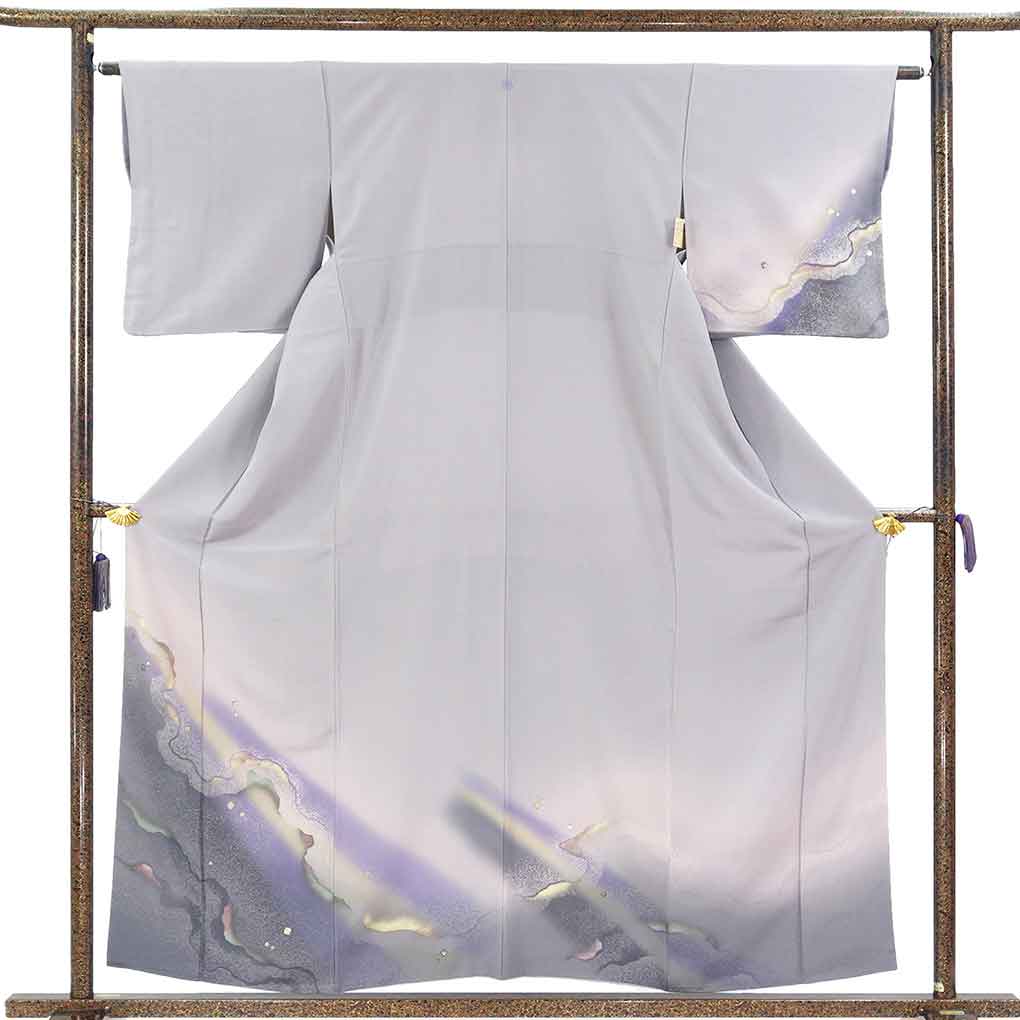 付下 リサイクル着物 身丈159cm 裄64cm 前幅22.5cm 後幅28cm 袖丈47cm 袖幅32cm レディース 袷 裾ぼかし 裄Mサイズ 秋冬春用 正絹（シルク）グレー 美品 リメイク リユース【ランクA】