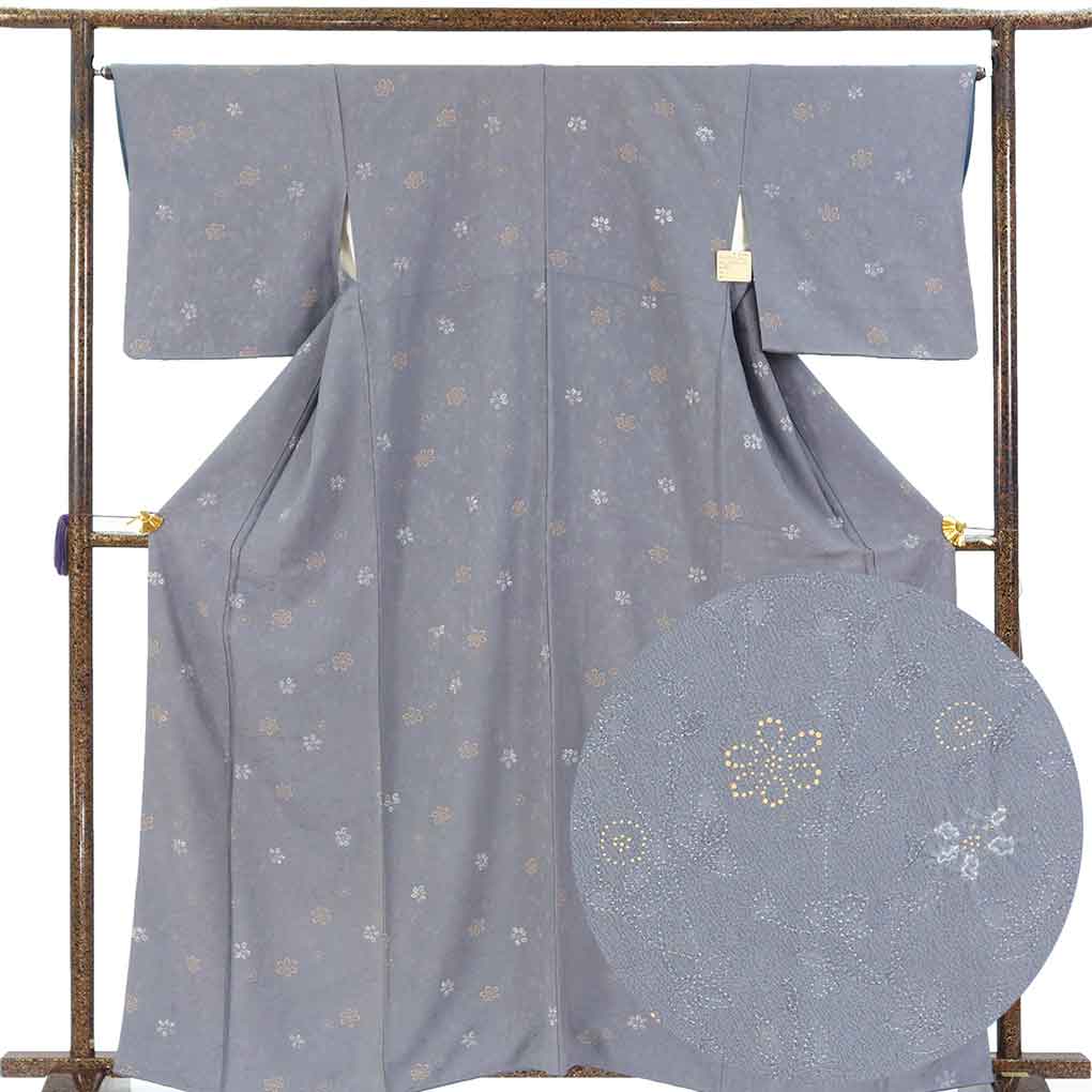 小紋 リサイクル着物 身丈164cm 裄65cm 前幅25.5cm 後幅30cm 袖丈48cm 袖幅33cm レディース 袷 花柄 裄Mサイズ 秋冬春用 正絹（シルク）グレー トールサイズ やや難 リメイク リユース【ランクB】