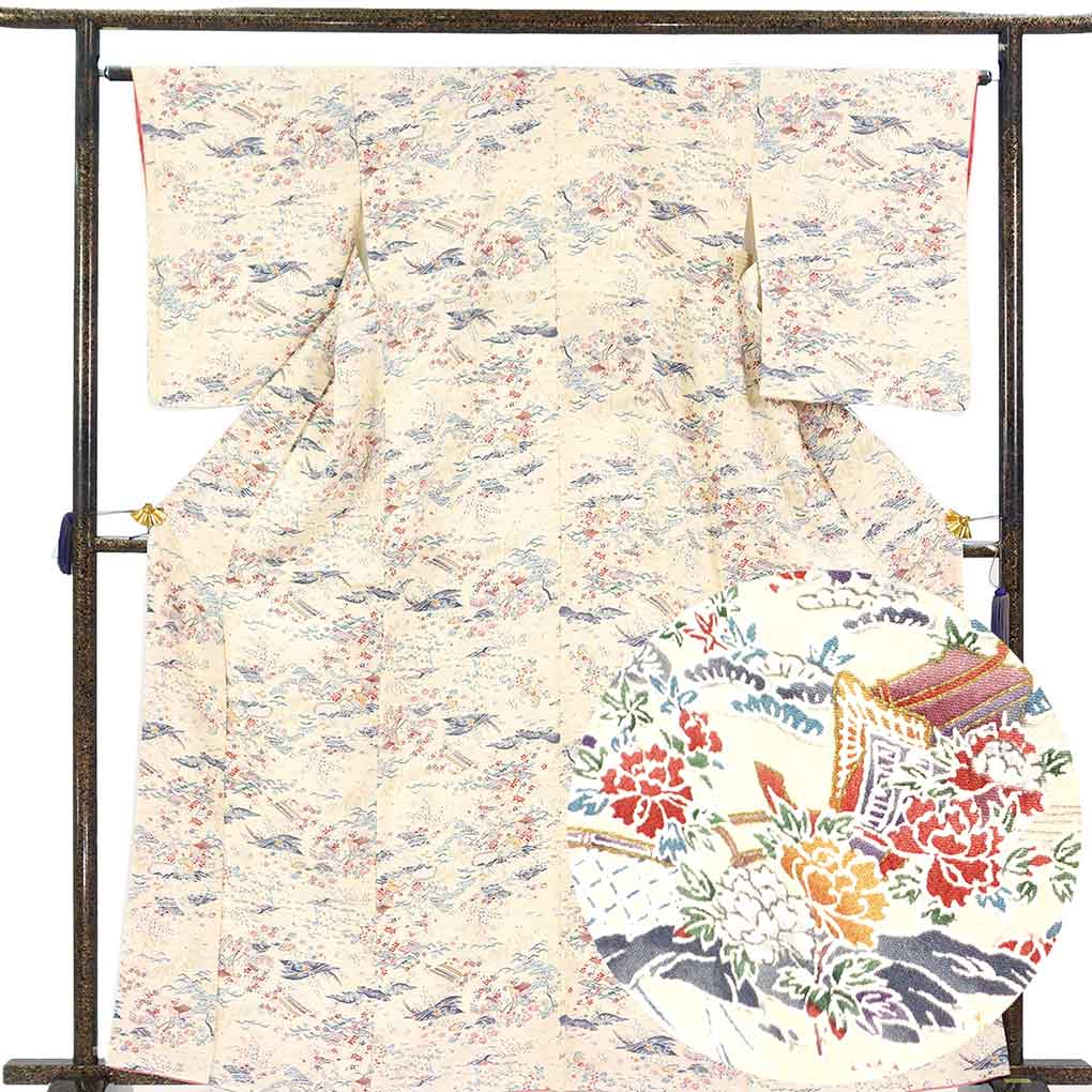 小紋 リサイクル着物 身丈165cm 裄64cm 前幅25cm 後幅30cm 袖丈55cm 袖幅33cm レディース 袷 花柄 裄Mサイズ 秋冬春用 正絹（シルク）ホワイト トールサイズ 未使用品 リメイク リユース【ランクS】