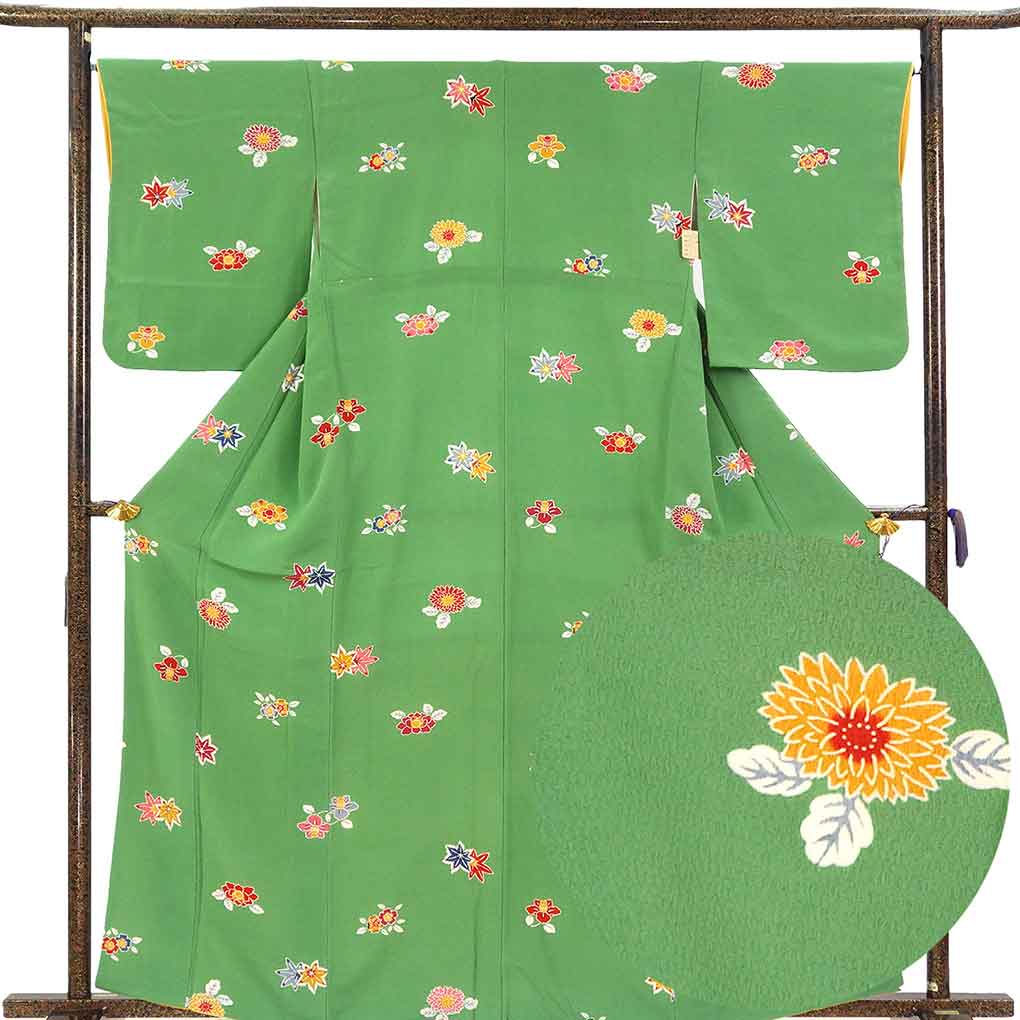小紋 リサイクル着物 身丈163cm 裄66cm 前幅23cm 後幅29cm 袖丈52cm 袖幅34cm レディース 袷 花柄 裄長 裄M-Lサイズ 秋冬春用 正絹（シルク）グリーン 美品 リメイク リユース【ランクA】