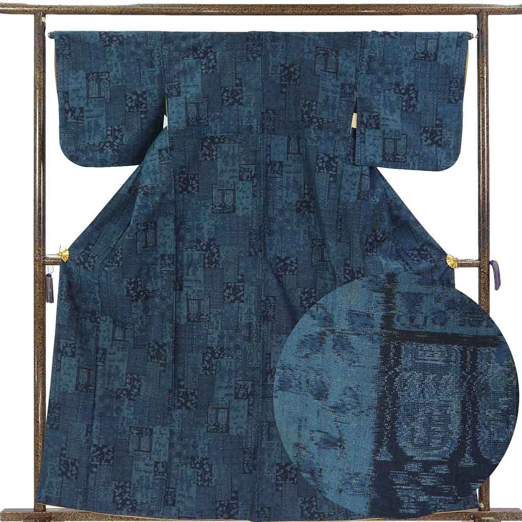 紬 リサイクル着物 身丈161cm 裄65.5cm 前幅25cm 後幅30cm 袖丈47cm 袖幅34cm レディース 袷 抽象柄 裄Mサイズ 秋冬春用 正絹（シルク）ネイビー 美品 リメイク リユース【ランクA】