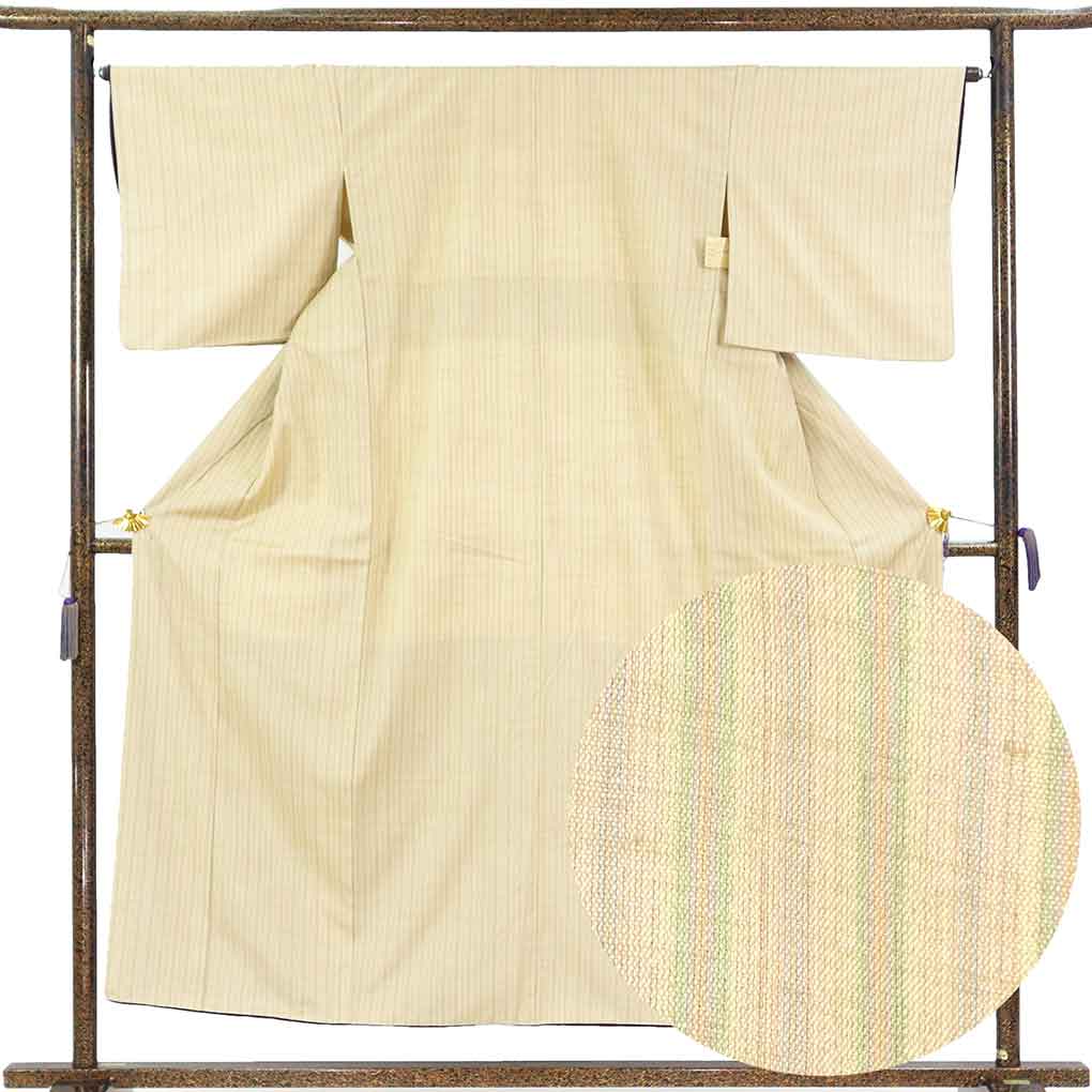 紬 リサイクル着物 身丈153cm 裄65cm 前幅23cm 後幅29cm 袖丈47cm 袖幅34cm レディース 袷 縦縞 裄Mサイズ 秋冬春用 正絹（シルク）ブラウン やや難 リメイク リユース【ランクB】