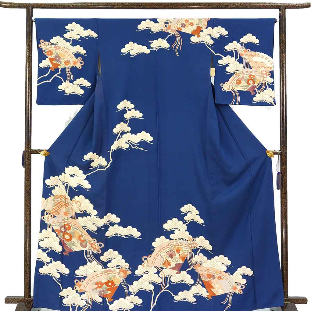 訪問着 リサイクル着物 身丈168cm 裄66cm 前幅24cm 後幅30.5cm 袖丈49cm 袖幅33.5cm レディース 袷 扇面 裄長 裄M-Lサイズ 秋冬春用 正絹（シルク）ネイビー トールサイズ やや難 リメイク リユース【ランクB】