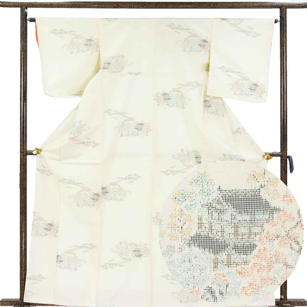 紬 リサイクル着物 身丈164cm 裄64cm 前幅23cm 後幅29cm 袖丈49cm 袖幅32cm レディース 袷 風景画 裄Mサイズ 秋冬春用 正絹（シルク）ホワイト トールサイズ やや難 リメイク リユース【ランクB】
