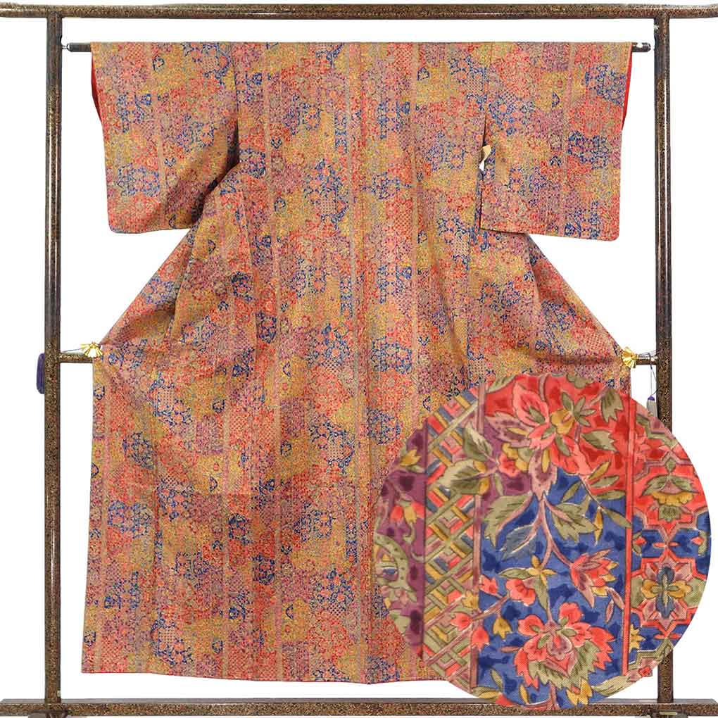 小紋 リサイクル着物 身丈156cm 裄62cm 前幅24cm 後幅28cm 袖丈49cm 袖幅31.5cm レディース 袷 更紗 裄Sサイズ 秋冬春用 正絹（シルク）レッド 未使用品 リメイク リユース【ランクS】