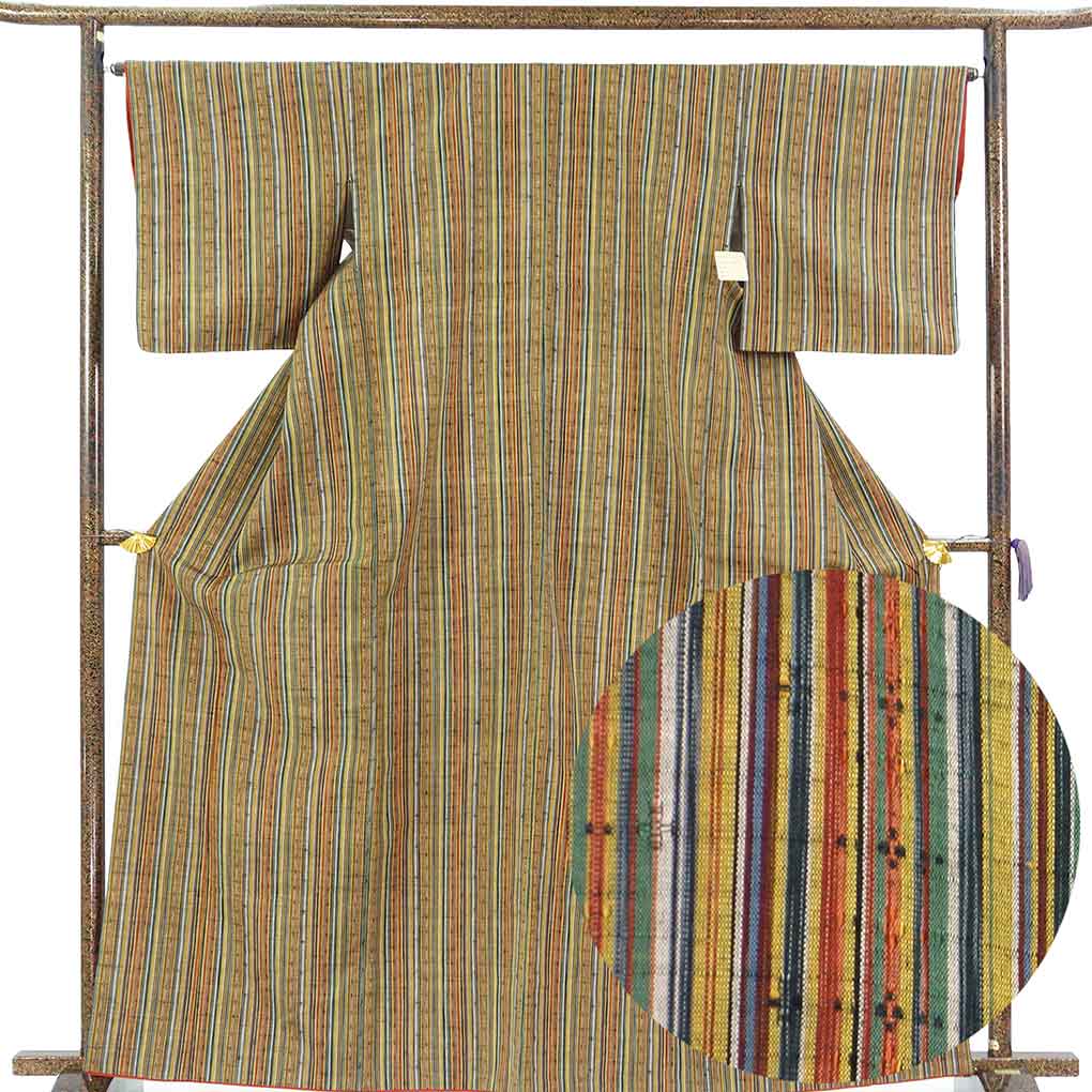 紬 リサイクル着物 身丈165cm 裄65cm 前幅26.5cm 後幅31cm 袖丈49cm 袖幅33cm レディース 袷 縞 裄Mサイズ 秋冬春用 正絹（シルク）ブラウン トールサイズ 美品 リメイク リユース【ランクA】