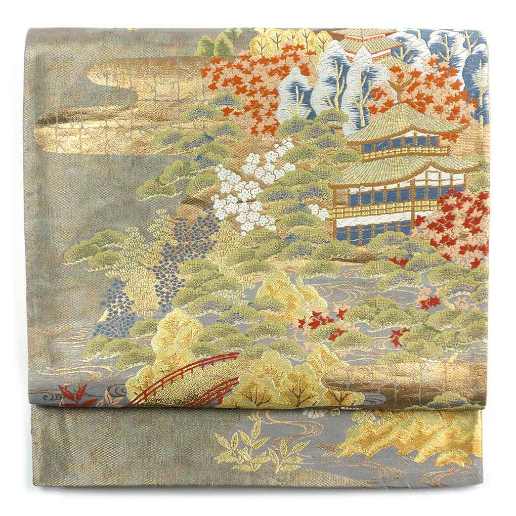 袋帯 リサイクル帯 幅31cm 長さ434cm レディース 風景画 秋冬春用 正絹（シルク）ゴールド 美品 リメイク リユース【ランクA】