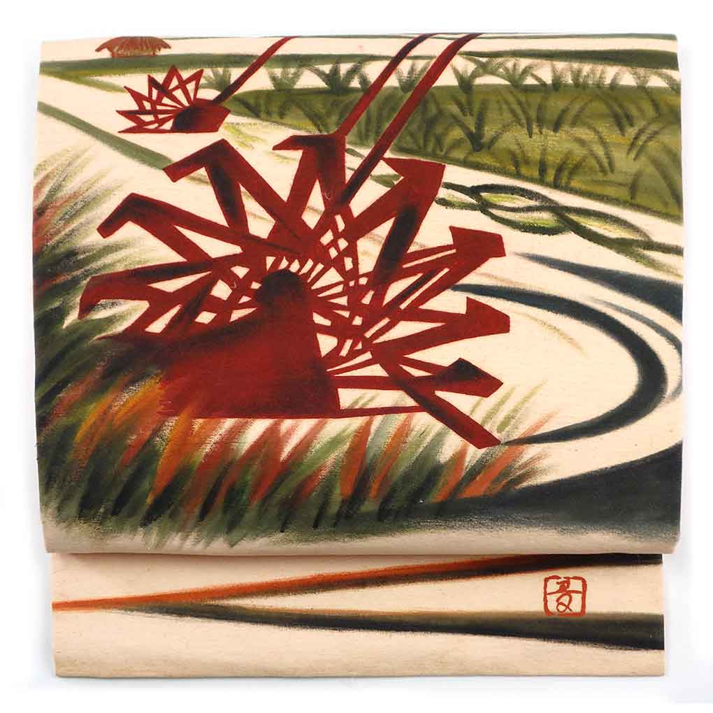 名古屋帯 リサイクル帯 幅29cm 長さ325cm レディース 風景画 秋冬春用 正絹（シルク）ベージュ やや難 リメイク リユース【ランクB】