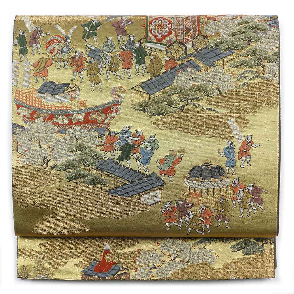 袋帯 リサイクル帯 幅31cm 長さ428cm レディース 祇園祭 秋冬春用 正絹（シルク）ゴールド 美品 リメイク リユース【ランクA】