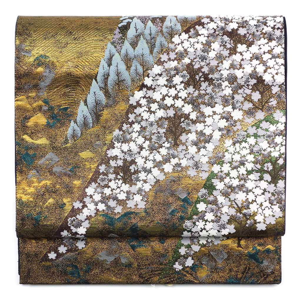 袋帯 リサイクル帯 幅31cm 長さ428cm レディース 風景画 秋冬春用 正絹（シルク）ゴールド 美品 リメイク リユース【ランクA】