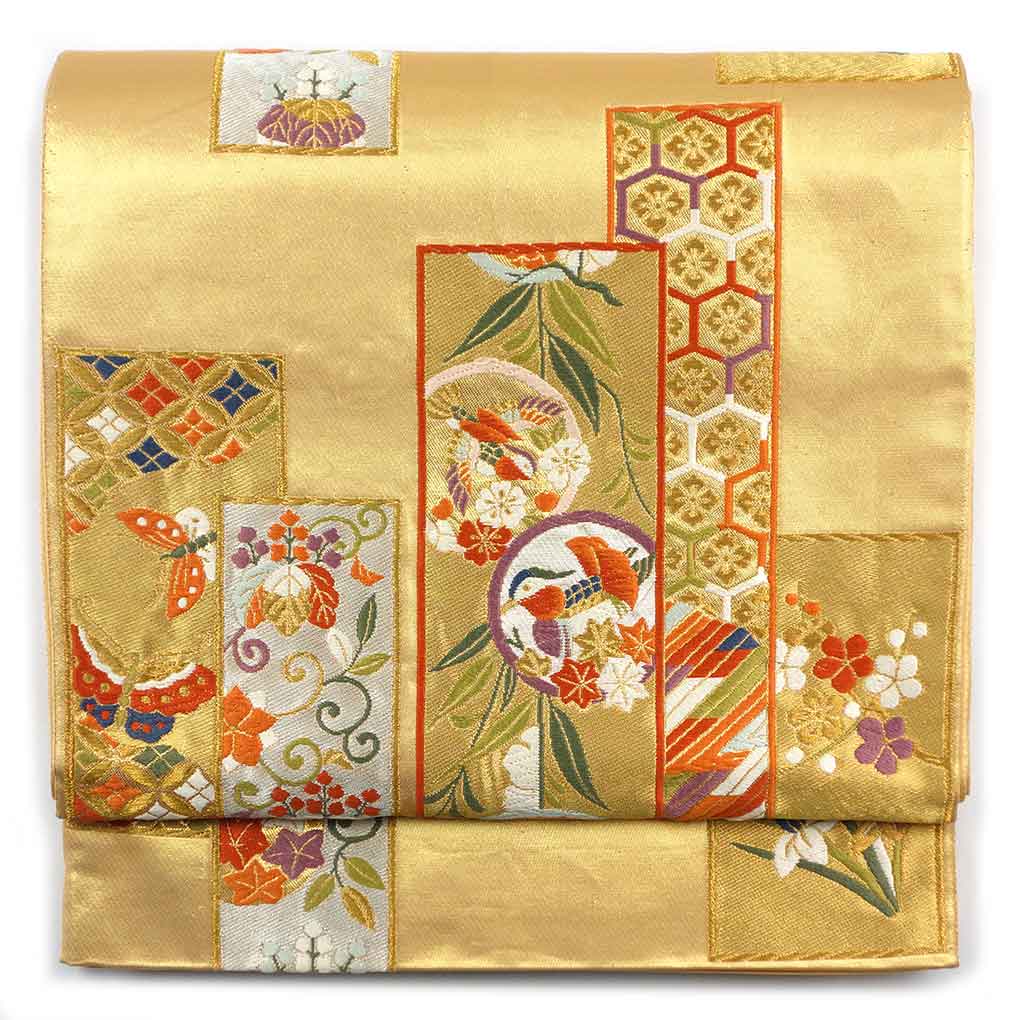 袋帯 リサイクル帯 幅31cm 長さ426cm レディース 花柄 秋冬春用 正絹（シルク）ゴールド 美品 リメイク リユース【ランクA】