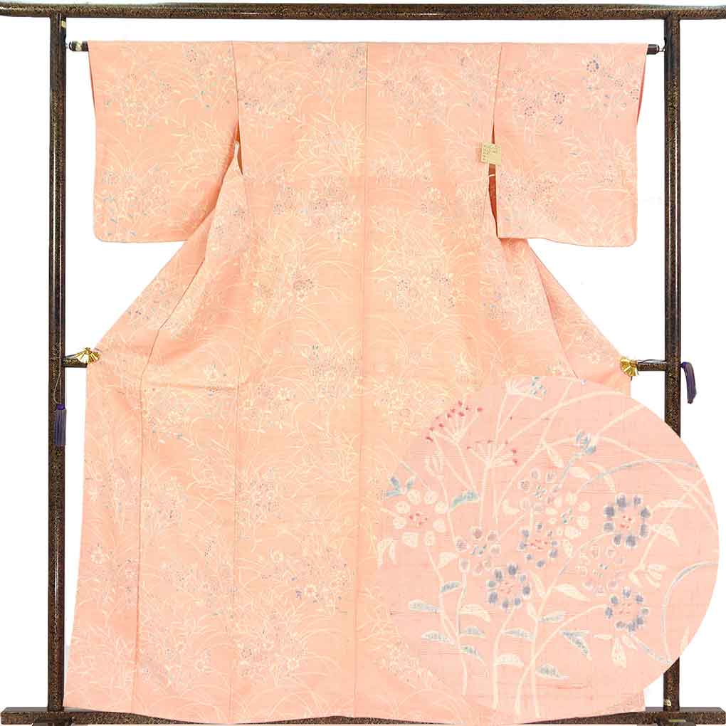 紬 リサイクル着物 身丈161cm 裄63.5cm 前幅23cm 後幅29cm 袖丈49cm 袖幅32cm レディース 袷 花柄 裄Mサイズ 秋冬春用 正絹（シルク）ピンク 未使用品 リメイク リユース【ランクS】