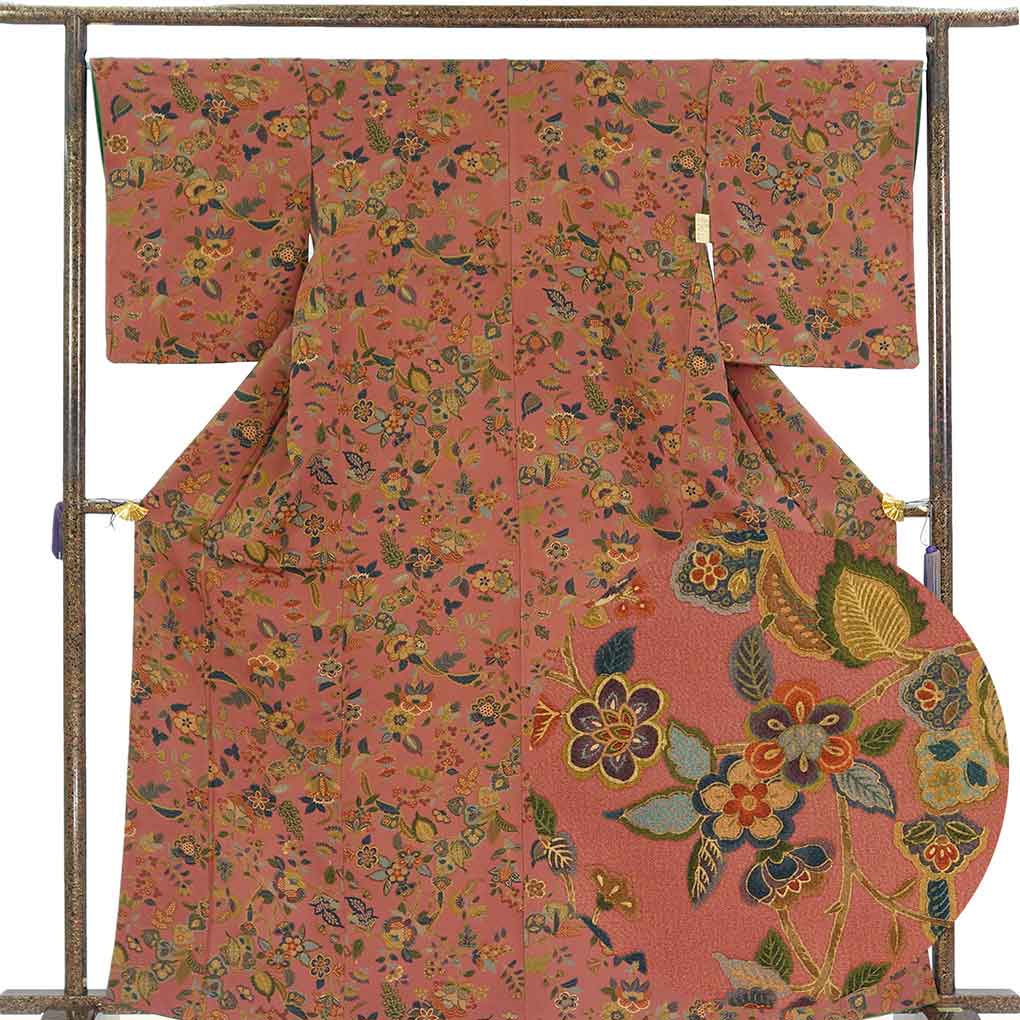 小紋 リサイクル着物 身丈166cm 裄67cm 前幅23.5cm 後幅29.5cm 袖丈52cm 袖幅34cm レディース 袷 花柄 裄長 裄Lサイズ 秋冬春用 正絹（シルク）ブラウン トールサイズ 美品 リメイク リユース【ランクA】