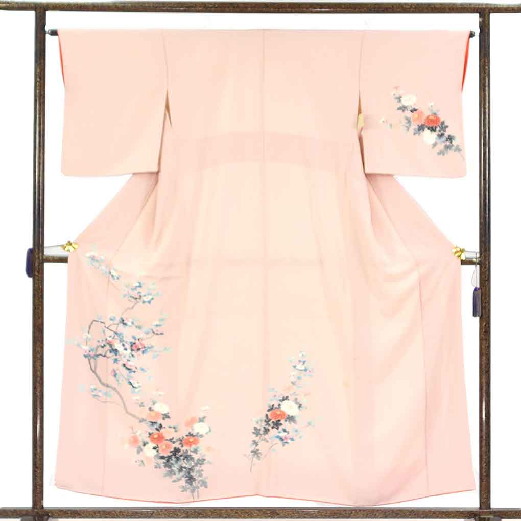 訪問着 リサイクル着物 身丈157cm 裄64cm 前幅24cm 後幅29cm 袖丈48cm 袖幅32cm レディース 袷 花柄 裄Mサイズ 秋冬春用 正絹（シルク）ピンク やや難 リメイク リユース【ランクB】