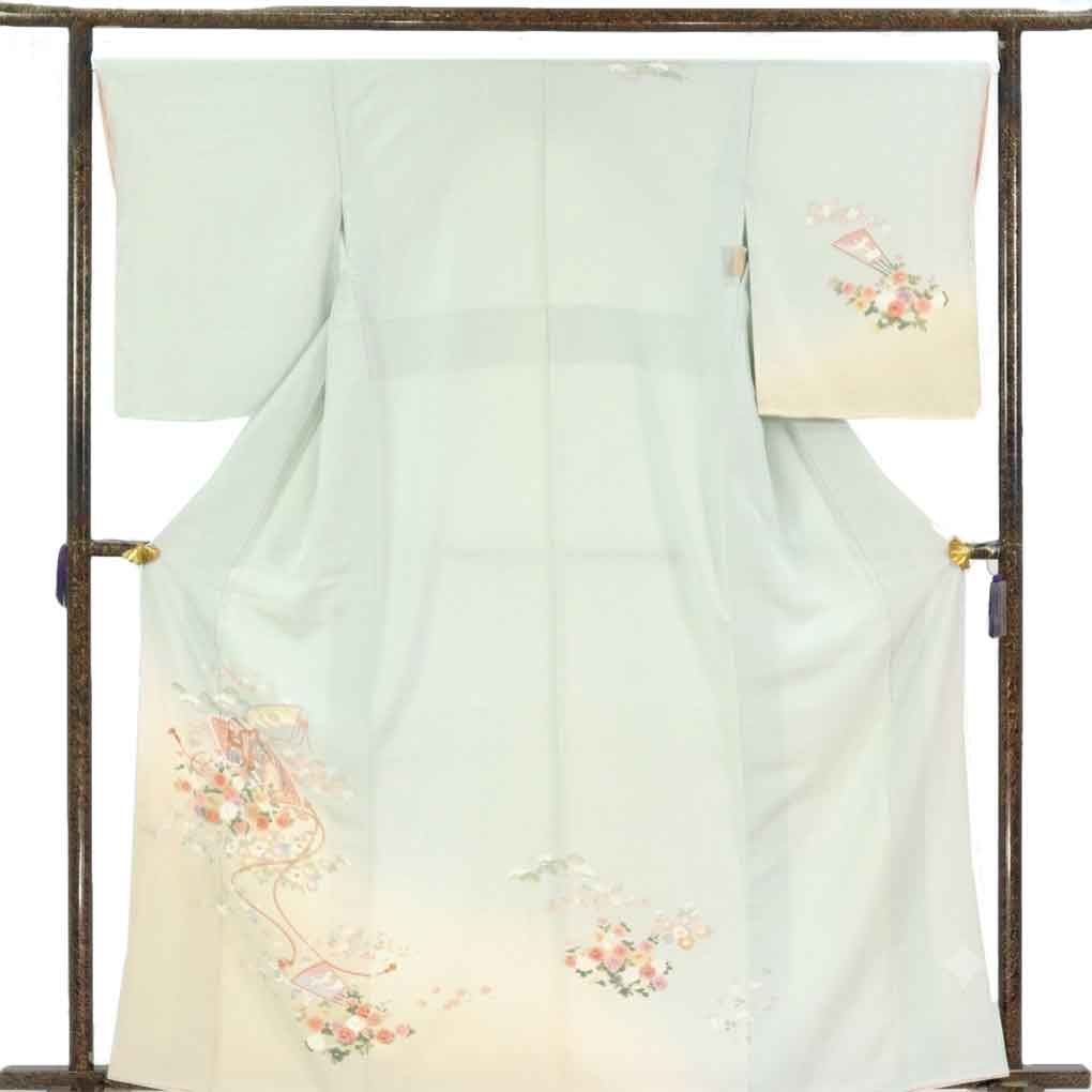 訪問着 リサイクル着物 身丈165cm 裄66cm 前幅24cm 後幅29cm 袖丈55cm 袖幅34cm レディース 袷 扇面 裄長 裄M-Lサイズ 秋冬春用 正絹（シルク）ブルー トールサイズ 未使用品 リメイク リユース【ランクS】