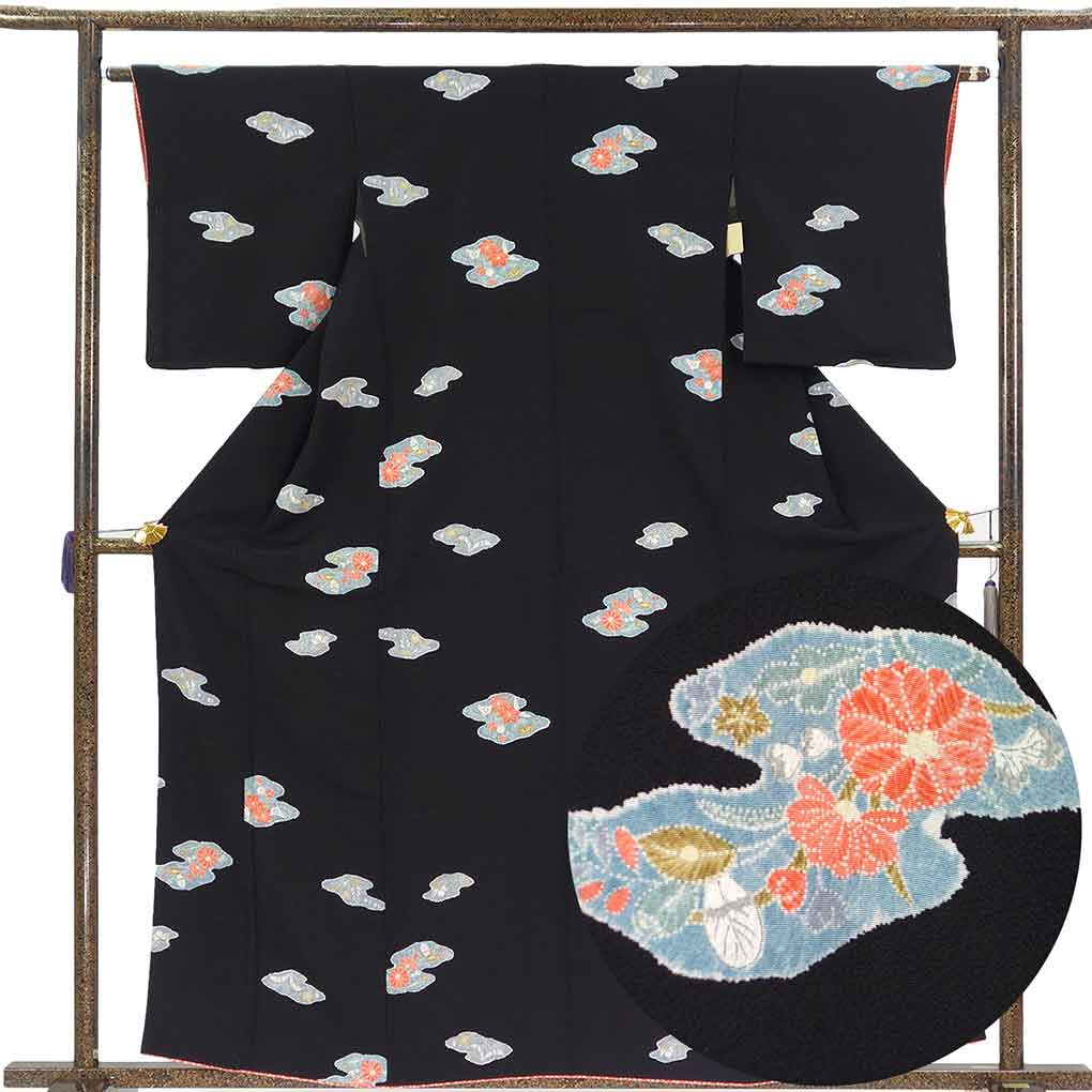 小紋 リサイクル着物 身丈161cm 裄62cm 前幅22cm 後幅28cm 袖丈49cm 袖幅32cm レディース 袷 花柄 裄Sサイズ 秋冬春用 正絹（シルク）ブラック 未使用品 リメイク リユース【ランクS】