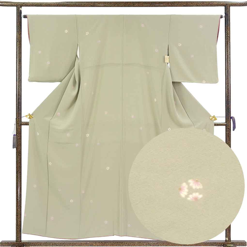 小紋 リサイクル着物 身丈157cm 裄64.5cm 前幅23cm 後幅30.5cm 袖丈48cm 袖幅32.5cm レディース 袷 花柄 裄Mサイズ 秋冬春用 正絹（シルク）グリーン やや難 リメイク リユース【ランクB】
