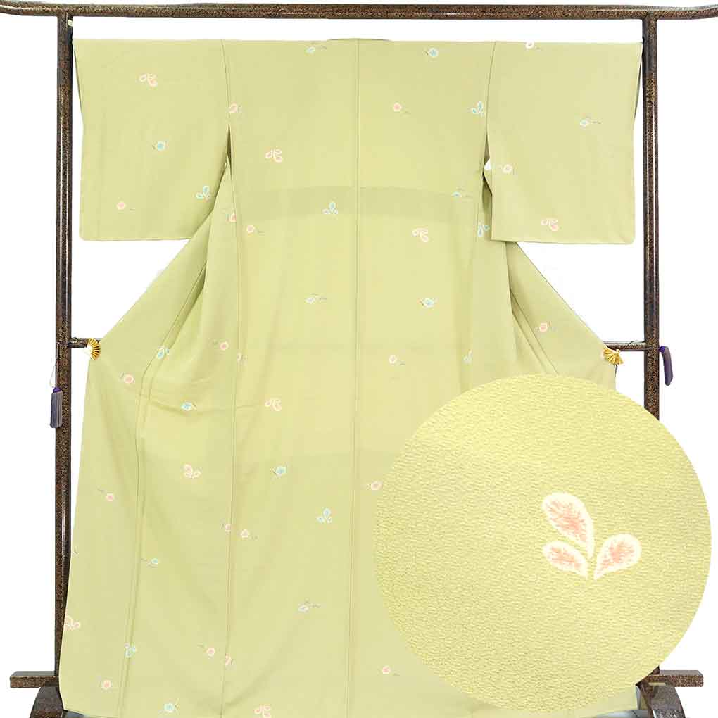小紋 リサイクル着物 身丈170cm 裄68cm 前幅24.5cm 後幅30cm 袖丈50cm 袖幅35cm レディース 袷 花柄 裄長 裄Lサイズ 秋冬春用 正絹（シルク）グリーン トールサイズ 未使用品 リメイク リユース【ランクS】