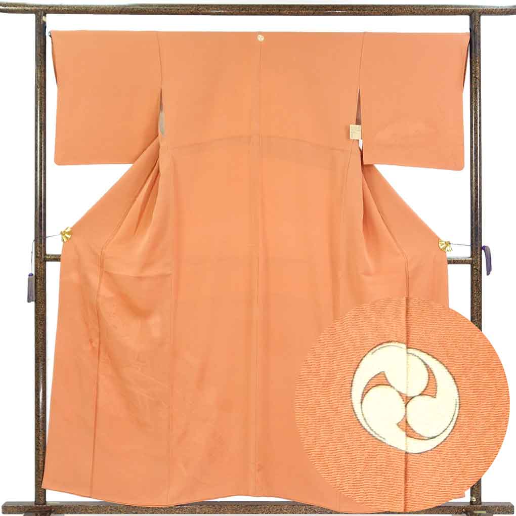 付下 リサイクル着物 身丈159cm 裄67cm 前幅25.5cm 後幅30.5cm 袖丈45cm 袖幅33.5cm レディース 袷 御所車 裄長 裄Lサイズ 秋冬春用 正絹（シルク）オレンジ 美品 リメイク リユース【ランクA】