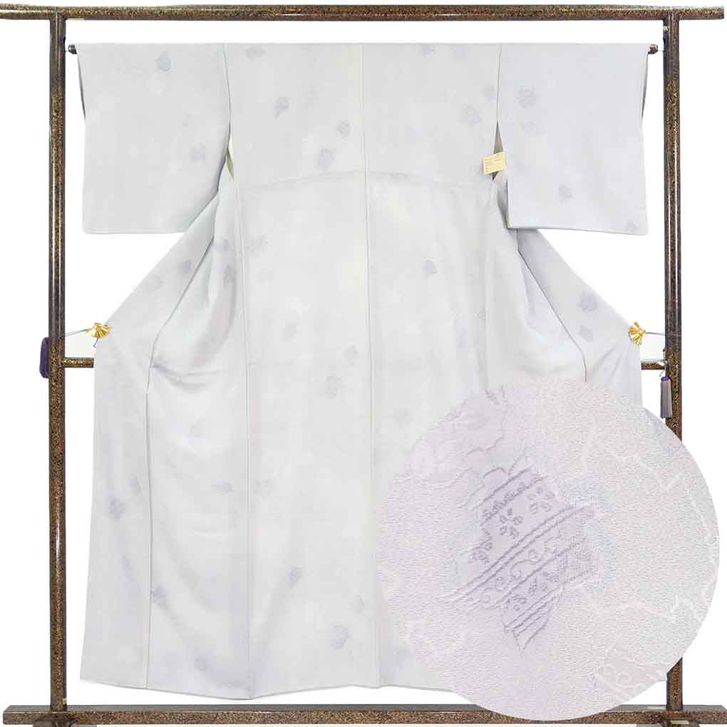 小紋 リサイクル着物 身丈155cm 裄65cm 前幅24cm 後幅30cm 袖丈46cm 袖幅33cm レディース 袷 地紋起こし 裄Mサイズ 秋冬春用 正絹（シルク）グレー 美品 リメイク リユース【ランクA】