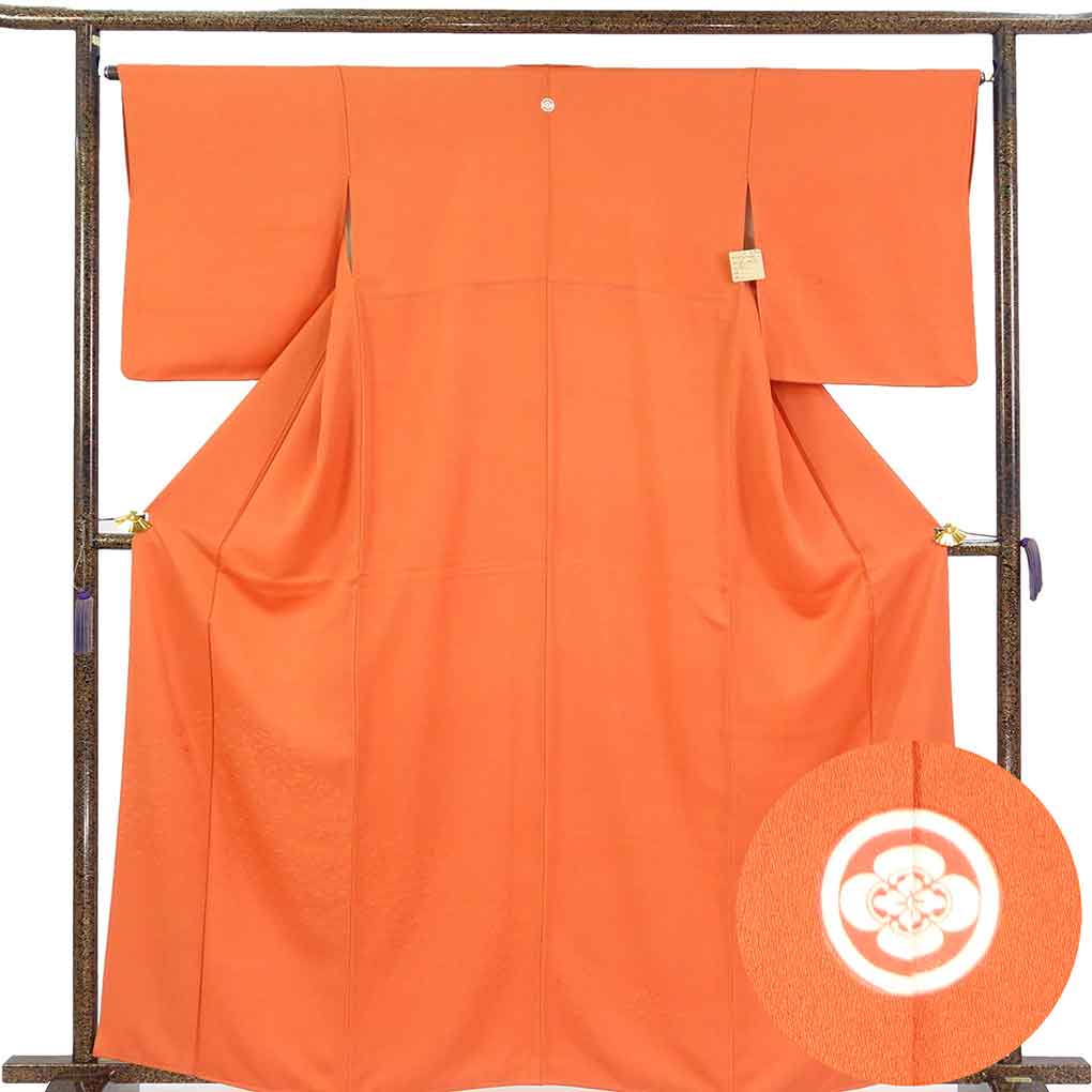 付下 リサイクル着物 身丈163cm 裄66cm 前幅24cm 後幅30cm 袖丈50.5cm 袖幅33.5cm レディース 袷 木の葉 裄長 裄M-Lサイズ 秋冬春用 正絹（シルク）オレンジ 美品 リメイク リユース【ランクA】