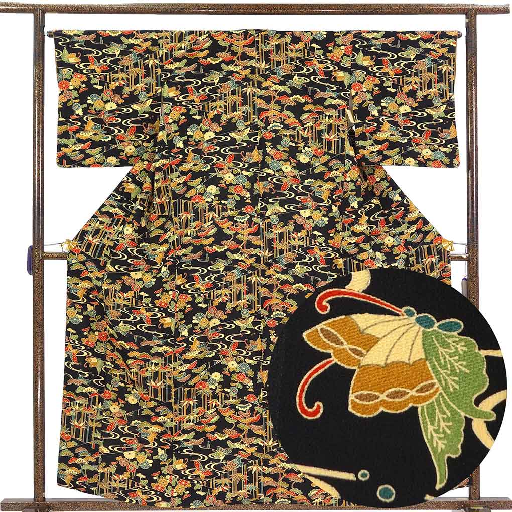 小紋 リサイクル着物 身丈160cm 裄65cm 前幅24cm 後幅30cm 袖丈47cm 袖幅33cm レディース 袷 花柄 裄Mサイズ 秋冬春用 正絹（シルク）ネイビー 美品 リメイク リユース【ランクA】