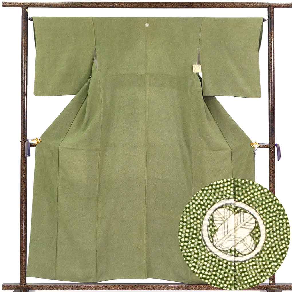 小紋 リサイクル着物 身丈159cm 裄65cm 前幅25cm 後幅29cm 袖丈48cm 袖幅33cm レディース 袷 鮫小紋 裄Mサイズ 秋冬春用 正絹（シルク）グリーン 美品 リメイク リユース【ランクA】