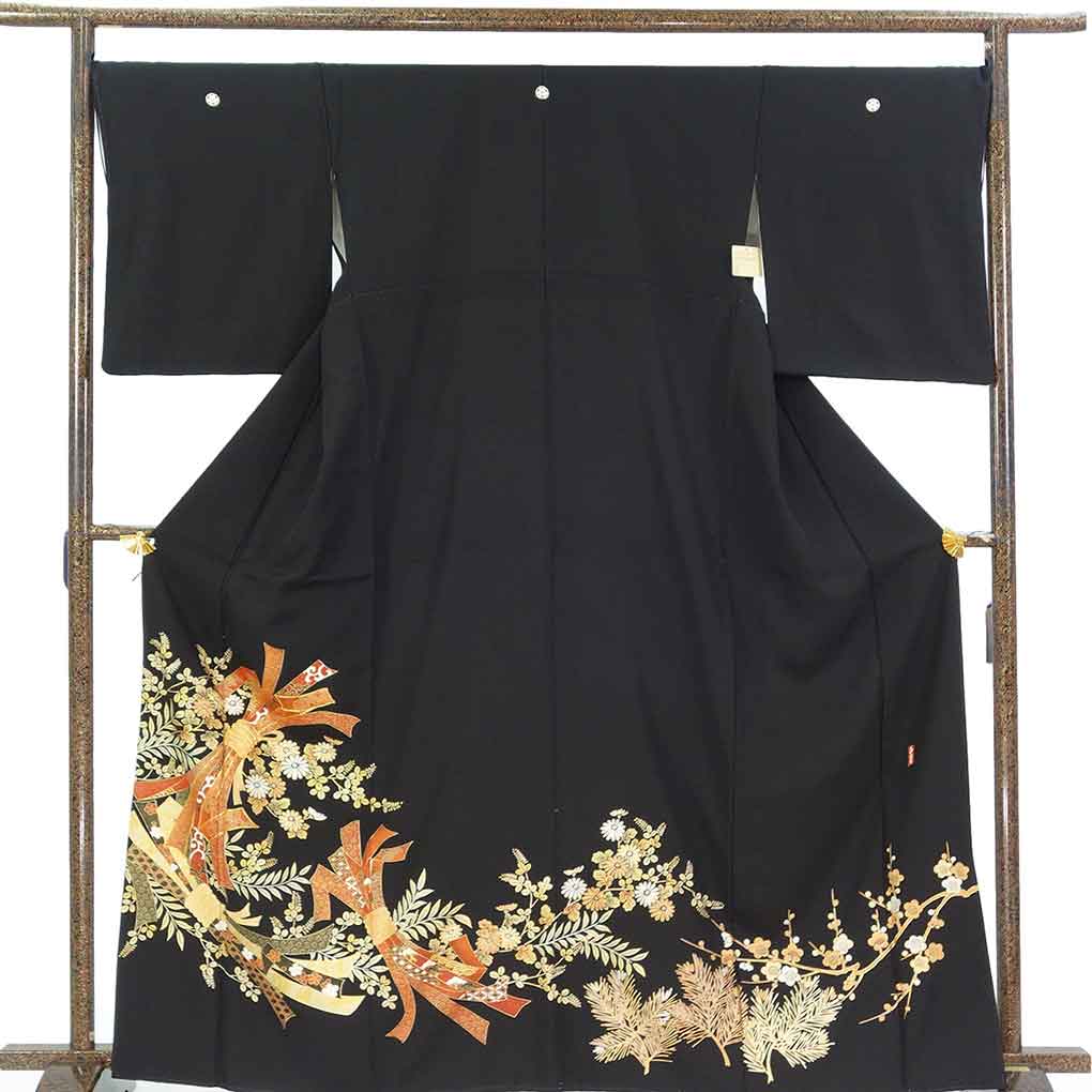 黒留袖 リサイクル着物 身丈166cm 裄69cm 前幅24.5cm 後幅30cm 袖丈51cm 袖幅35cm レディース 束ね熨斗 裄長 裄L-LLサイズ 年中着用可 正絹（シルク）ブラック トールサイズ 美品 リメイク リユース【ランクA】
