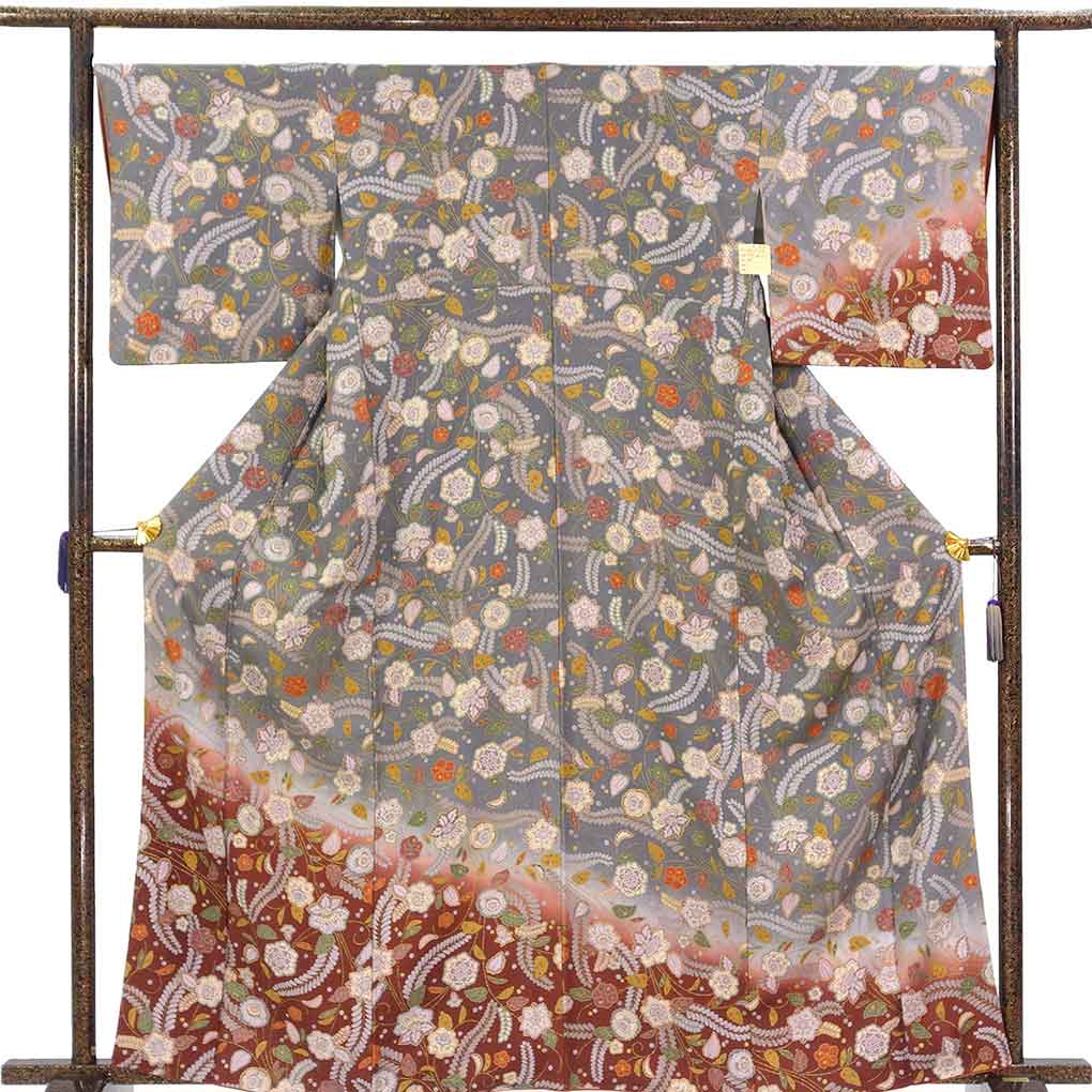 付下 リサイクル着物 身丈164cm 裄68cm 前幅24.5cm 後幅30cm 袖丈48cm 袖幅34cm レディース 袷 辻ヶ花 裄長 裄Lサイズ 秋冬春用 正絹（シルク）グレー トールサイズ やや難 リメイク リユース【ランクB】