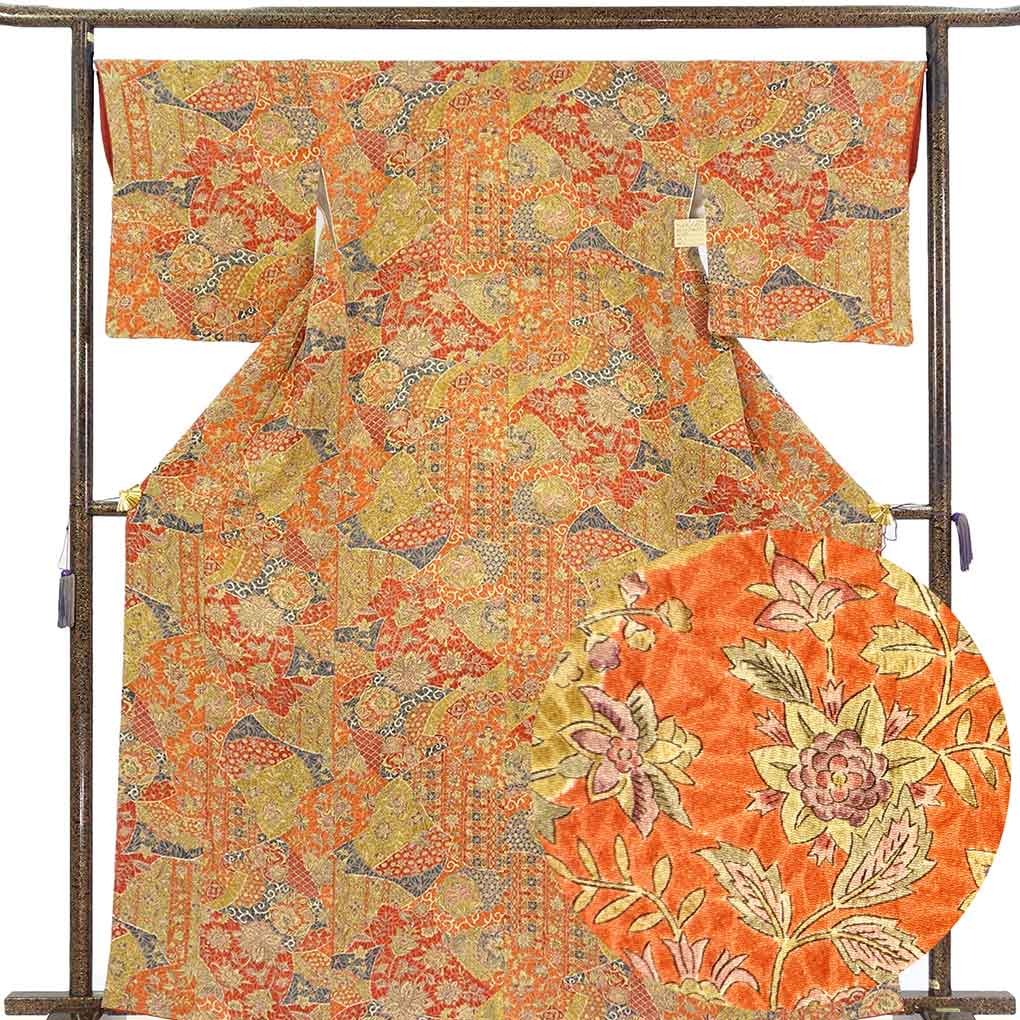 小紋 リサイクル着物 身丈164cm 裄67cm 前幅22.5cm 後幅29cm 袖丈48cm 袖幅34cm レディース 袷 花柄 裄長 裄Lサイズ 秋冬春用 正絹（シルク）オレンジ トールサイズ 美品 リメイク リユース【ランクA】