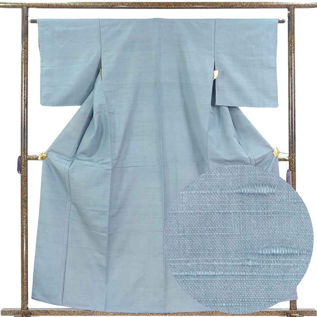 紬 リサイクル着物 身丈160cm 裄63cm 前幅25cm 後幅31cm 袖丈49cm 袖幅32.5cm レディース 袷 無地 裄Mサイズ 秋冬春用 正絹（シルク）ブルー やや難 リメイク リユース【ランクB】