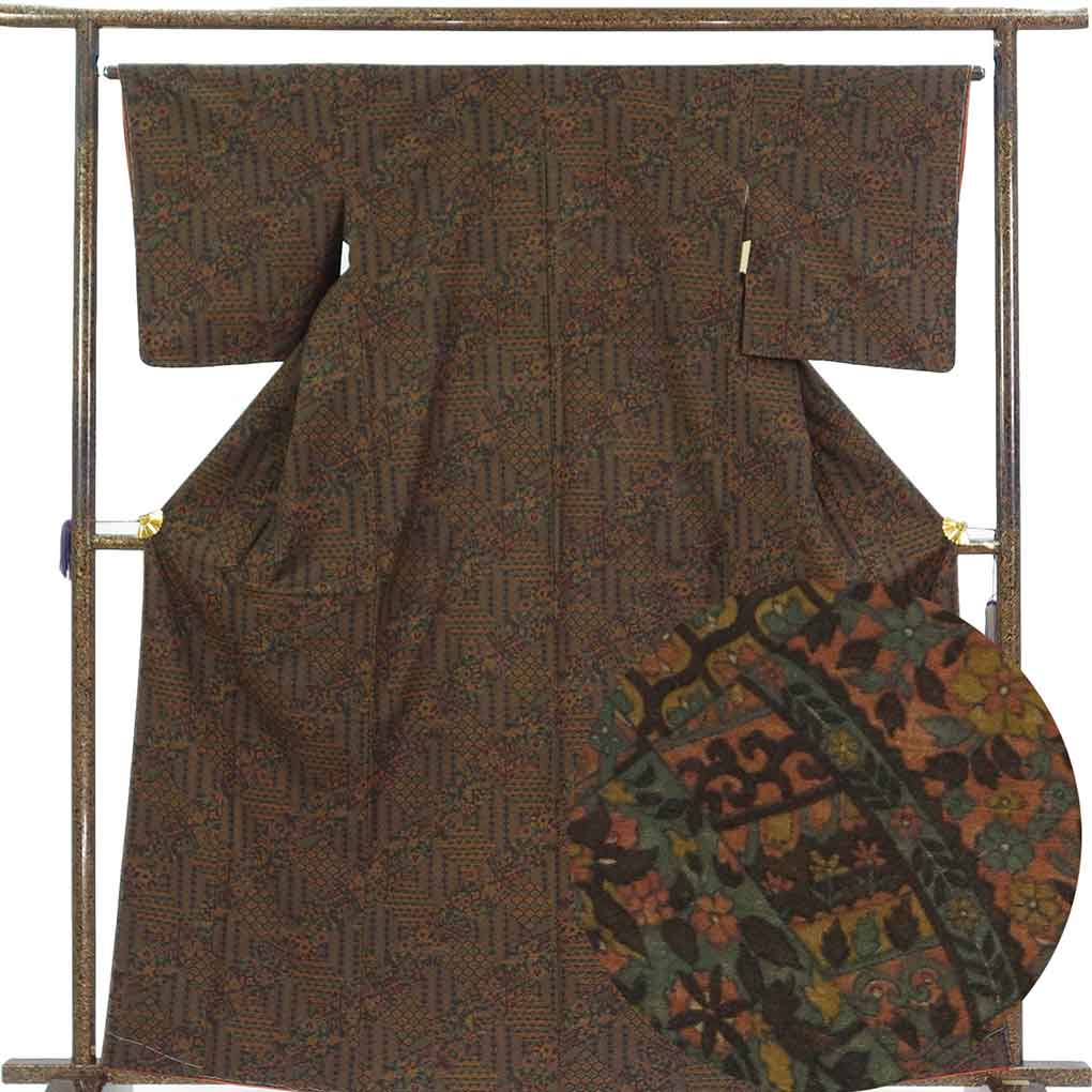 紬 リサイクル着物 身丈164cm 裄65cm 前幅23.5cm 後幅30.5cm 袖丈49cm 袖幅32.5cm レディース 袷 花柄 裄Mサイズ 秋冬春用 正絹（シルク）ブラウン トールサイズ 未使用品 リメイク リユース【ランクS】