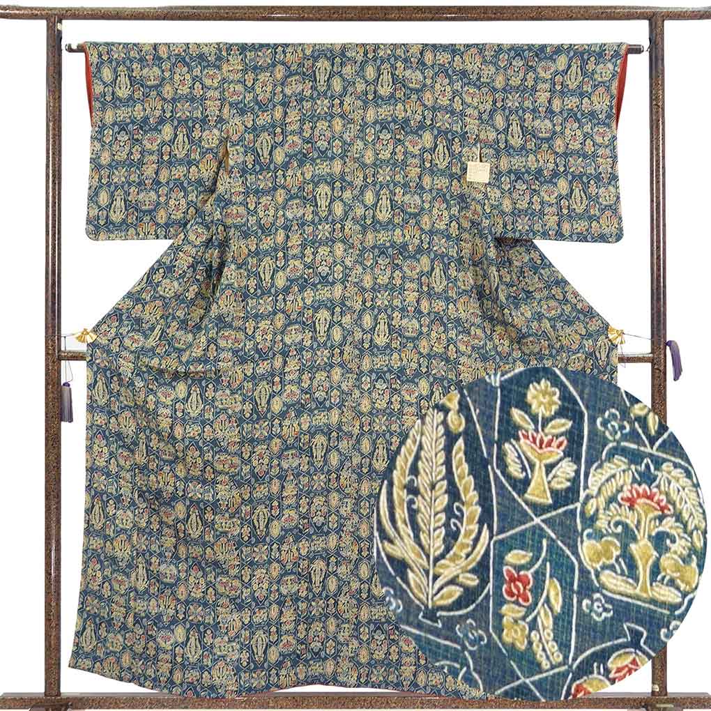 小紋 リサイクル着物 身丈158cm 裄64cm 前幅23.5cm 後幅29.5cm 袖丈48cm 袖幅32.5cm レディース 袷 植物 裄Mサイズ 秋冬春用 正絹（シルク）ネイビー やや難 リメイク リユース【ランクB】