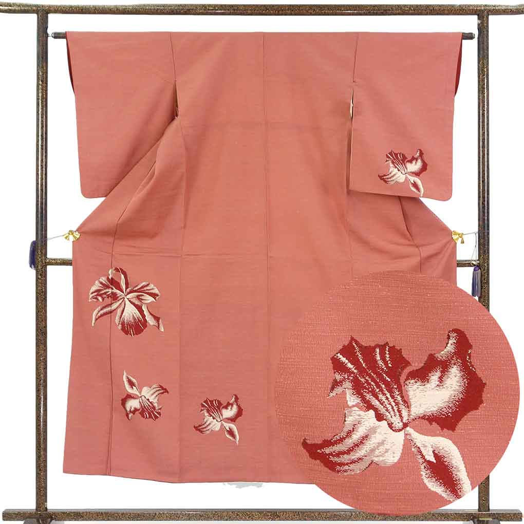 訪問着 リサイクル着物 身丈152cm 裄62cm 前幅23cm 後幅28cm 袖丈55cm 袖幅32cm レディース 袷 花柄 裄Sサイズ 秋冬春用 正絹（シルク）ピンク やや難 リメイク リユース【ランクB】