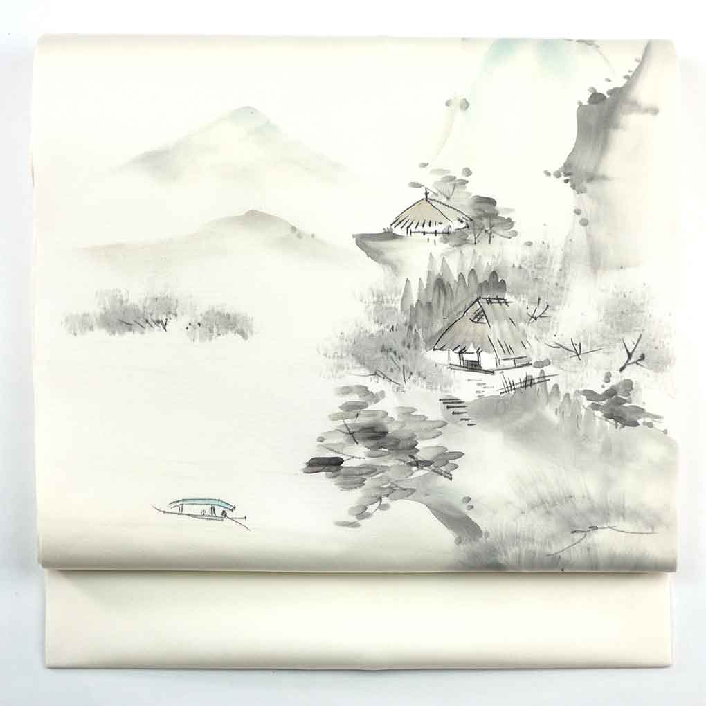 名古屋帯 リサイクル帯 幅31cm 長さ370cm レディース 風景画 秋冬春用 正絹（シルク）ホワイト 未使用品 塩瀬 リメイク リユース【ランクS】