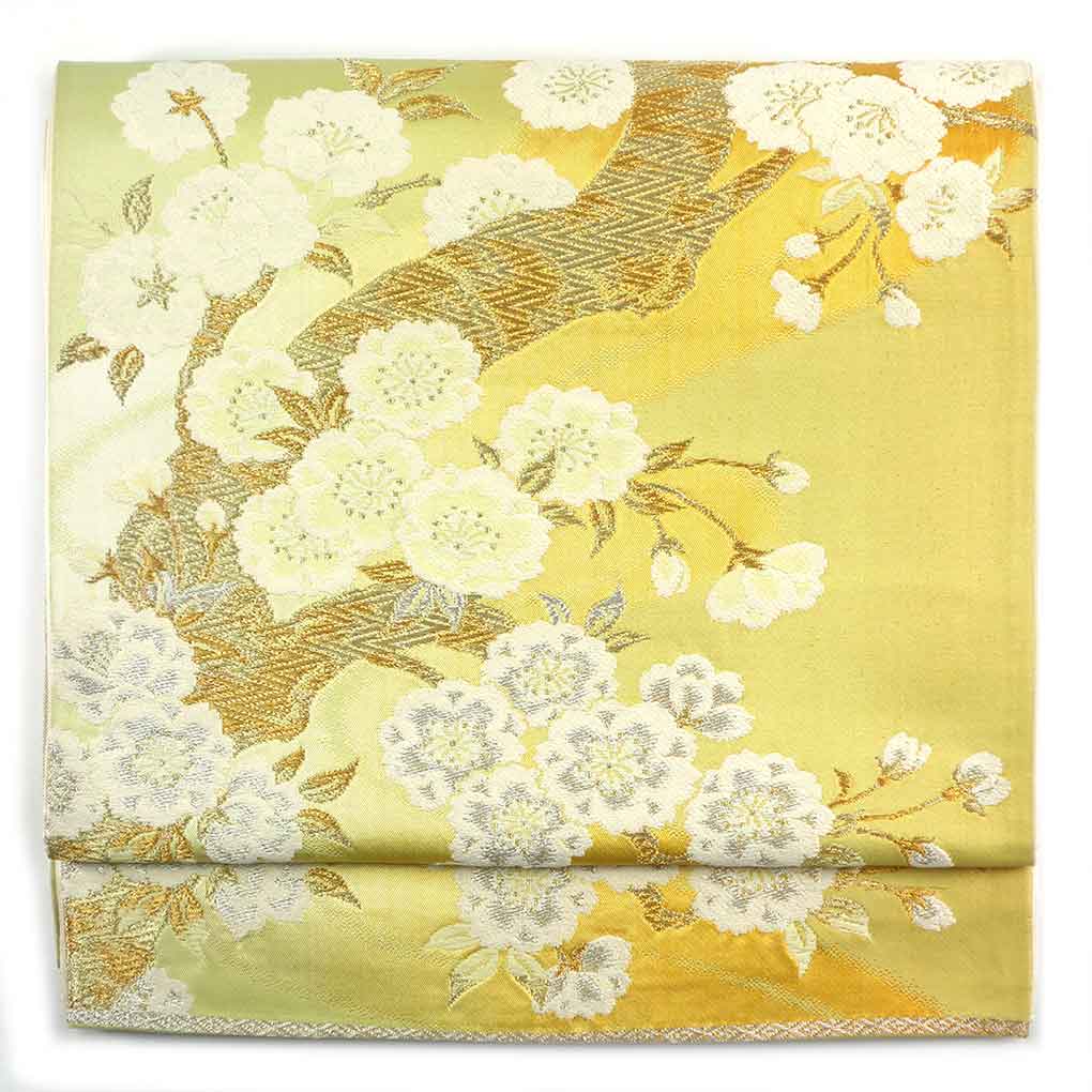 袋帯 リサイクル帯 幅30.5cm 長さ409cm レディース 桜 秋冬春用 正絹（シルク）グリーン 美品 リメイク リユース【ランクA】