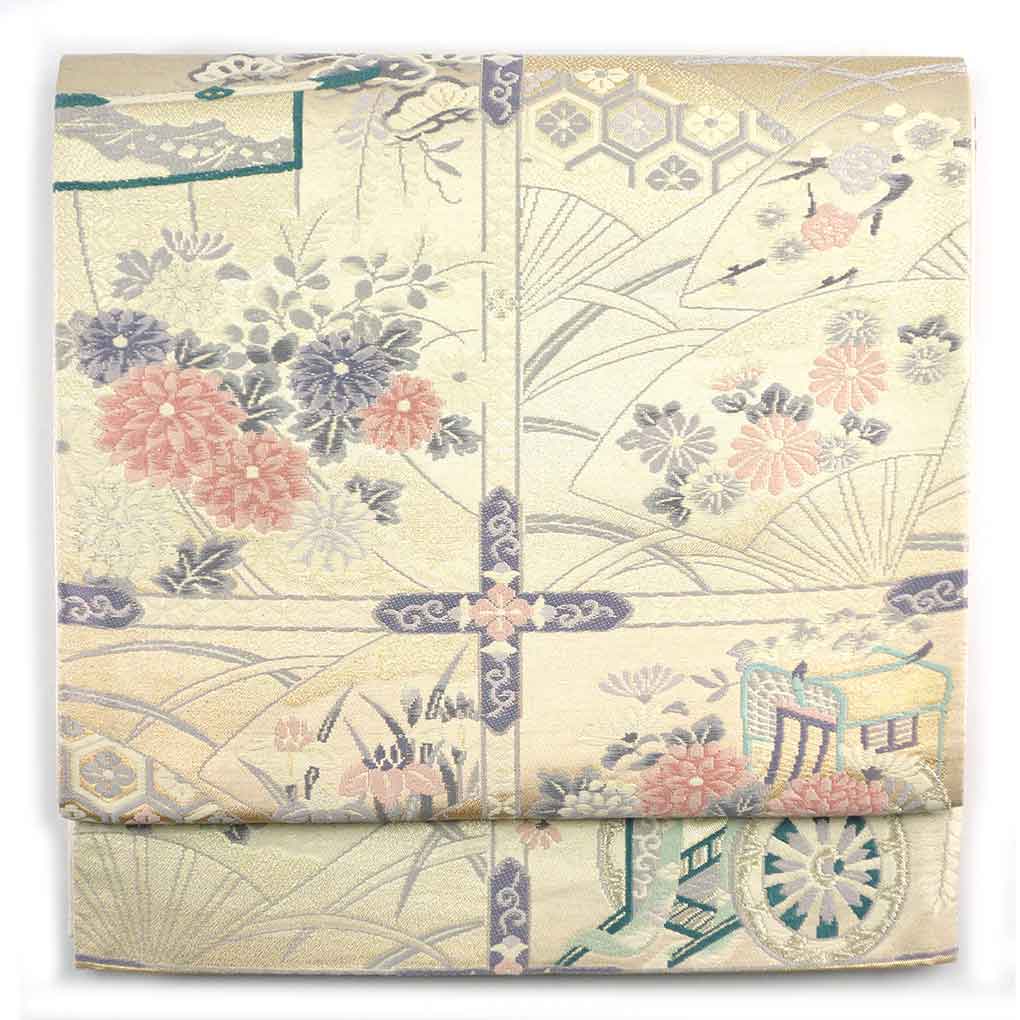 袋帯 リサイクル帯 幅30.5cm 長さ421cm レディース 花柄 秋冬春用 正絹（シルク）ホワイト 美品 リメイク リユース【ランクA】