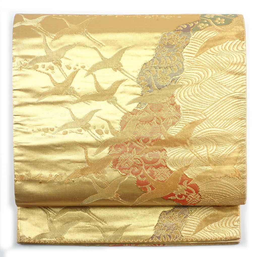 袋帯 リサイクル帯 幅30.5cm 長さ417cm レディース 鶴 秋冬春用 正絹（シルク）ゴールド 美品 リメイク リユース【ランクA】