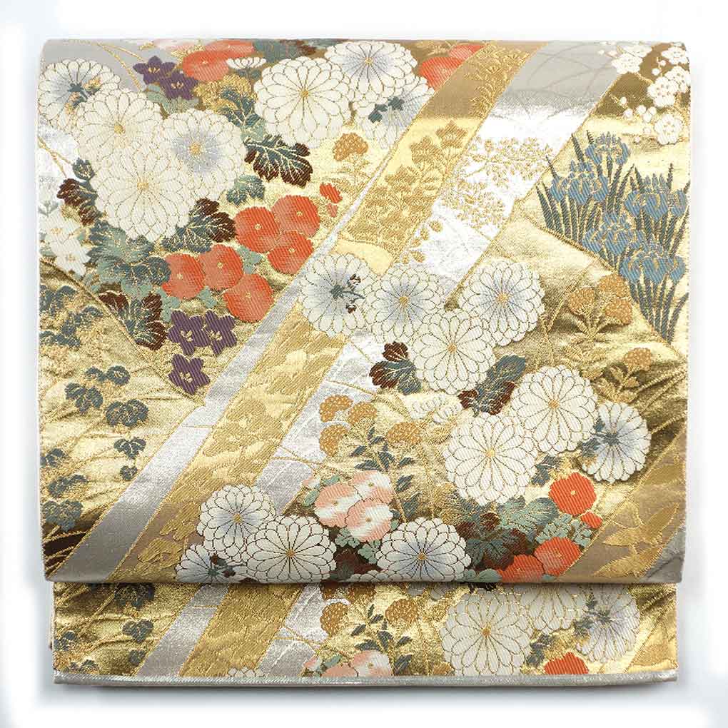袋帯 リサイクル帯 幅30.5cm 長さ439cm レディース 花柄 秋冬春用 正絹（シルク）ゴールド 美品 リメイク リユース【ランクA】