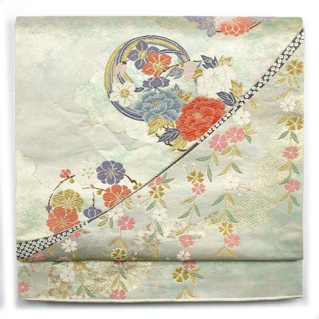 袋帯 リサイクル帯 幅31cm 長さ422cm レディース 花柄 秋冬春用 正絹（シルク）グリーン 美品 リメイク リユース【ランクA】