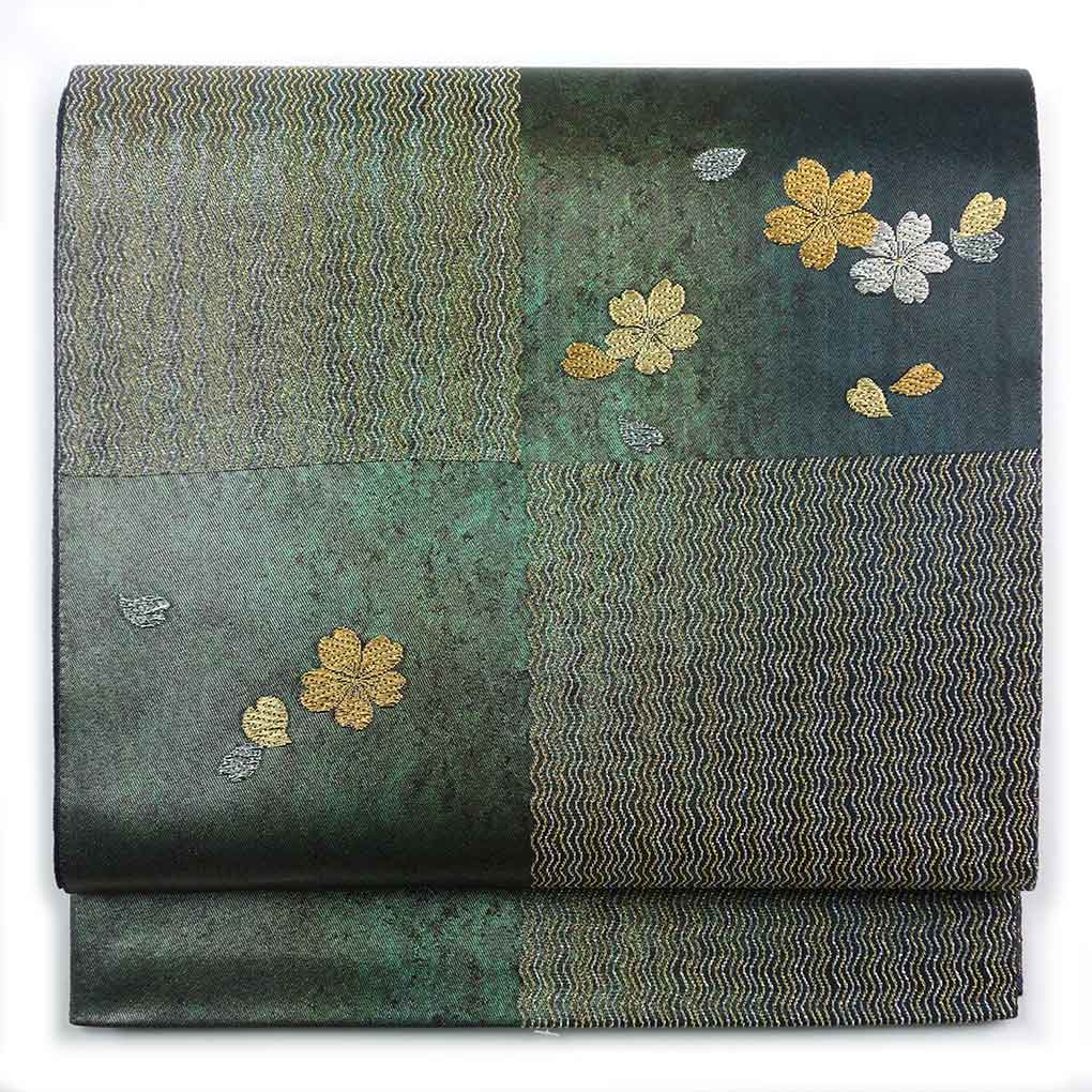 袋帯 リサイクル帯 幅31cm 長さ434cm レディース 桜 秋冬春用 正絹（シルク）グリーン 未使用品 リメイク リユース【ランクS】