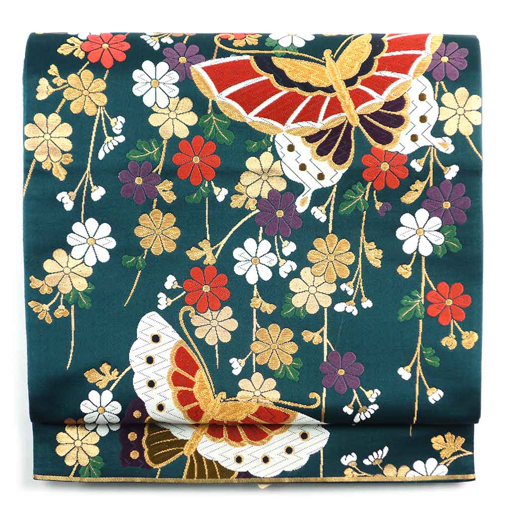 袋帯 リサイクル帯 幅31cm 長さ430cm レディース 蝶柄 秋冬春用 正絹（シルク）グリーン 美品 リメイク リユース【ランクA】