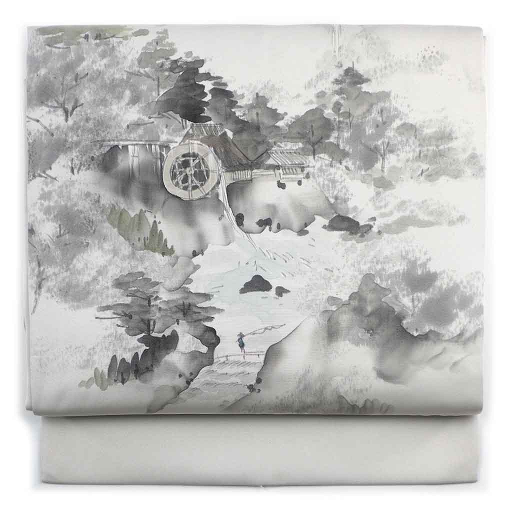 名古屋帯 リサイクル帯 幅31cm 長さ384cm レディース 風景画 秋冬春用 正絹（シルク）グレー 美品 塩瀬 リメイク リユース【ランクA】
