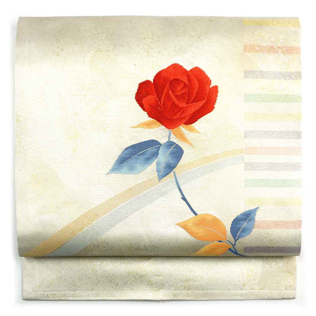 名古屋帯 リサイクル帯 幅31cm 長さ365cm レディース 薔薇柄 秋冬春用 正絹（シルク）シルバー 未使用品 リメイク リユース【ランクS】