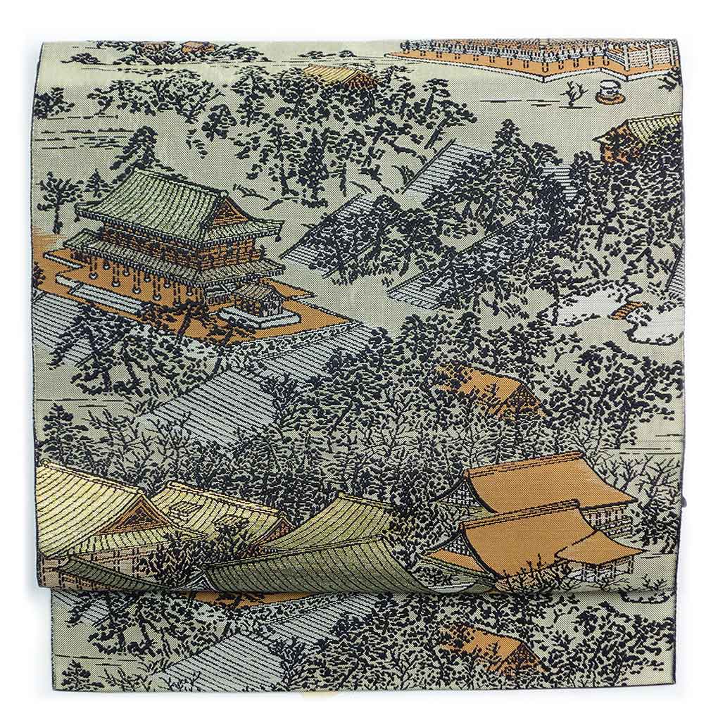 名古屋帯 リサイクル帯 幅30cm 長さ360cm レディース 風景画 秋冬春用 正絹（シルク）グリーン 美品 リメイク リユース【ランクA】