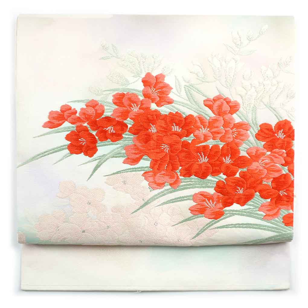 名古屋帯 リサイクル帯 幅31cm 長さ364cm レディース 花柄 秋冬春用 正絹（シルク）ホワイト 美品 リメイク リユース【ランクA】