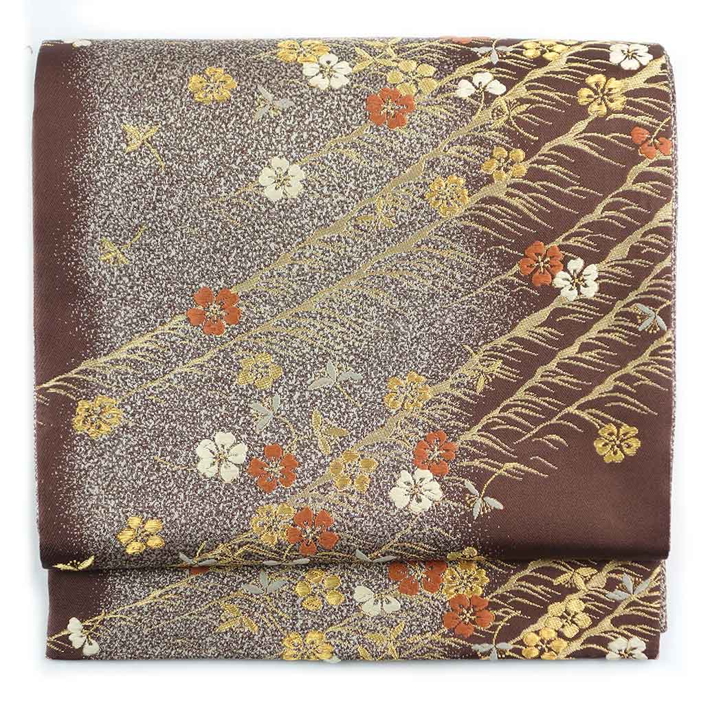 袋帯 リサイクル帯 幅31cm 長さ435cm レディース 桜 秋冬春用 正絹（シルク）ブラウン 未使用品 リメイク リユース【ランクS】