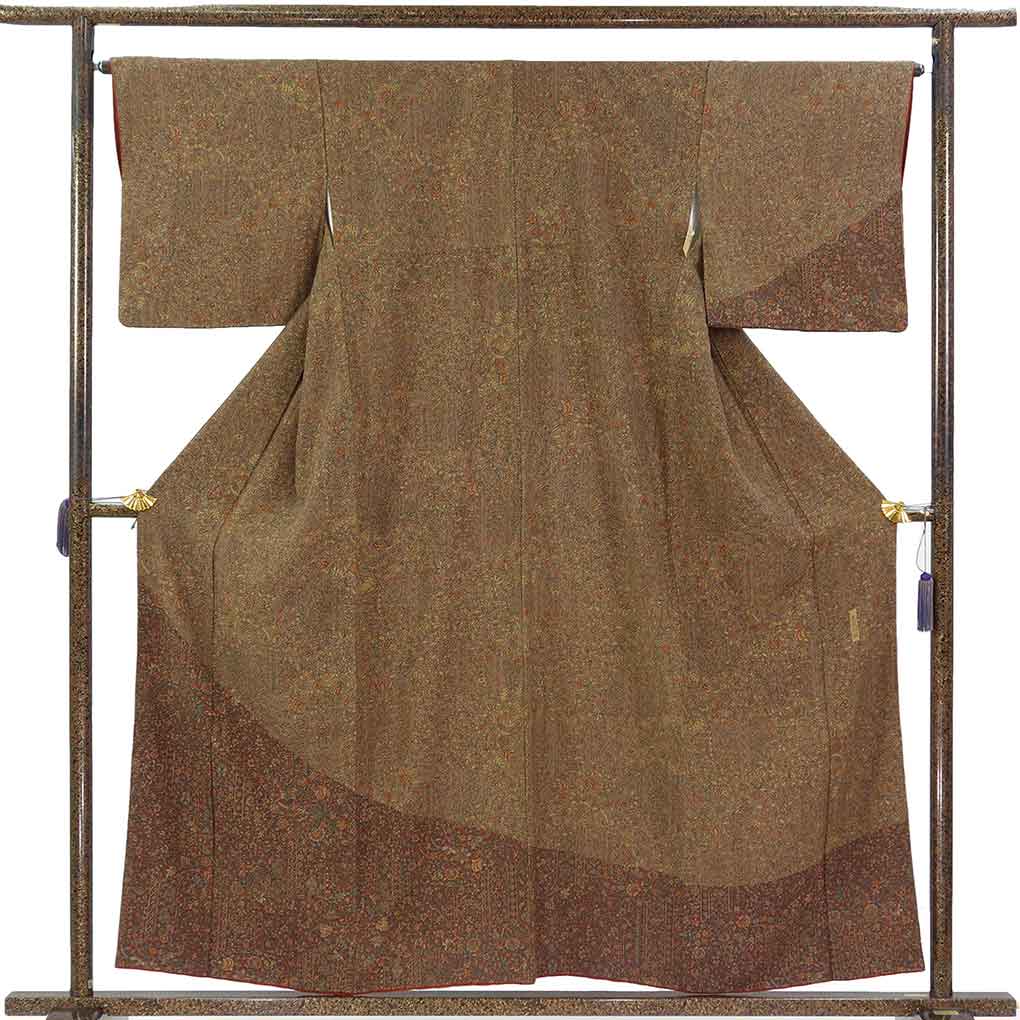 付下 リサイクル着物 身丈158cm 裄65cm 前幅25cm 後幅30cm 袖丈46cm 袖幅33cm レディース 袷 花柄 裄Mサイズ 秋冬春用 正絹（シルク）ブラウン 美品 リメイク リユース【ランクA】