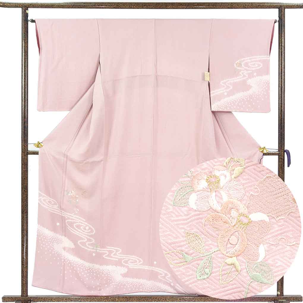 訪問着 リサイクル着物 身丈158cm 裄65cm 前幅23cm 後幅28.5cm 袖丈53cm 袖幅33cm レディース 袷 絞り 裄Mサイズ 秋冬春用 正絹（シルク）ピンク やや難 リメイク リユース【ランクB】